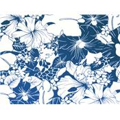 Tissu Satin de Coton Imprimé Hibiscus Blanc / Bleu