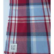 Tissu Sergé 100 % Coton Bio TARTAN Bleu Ciel / Rouge