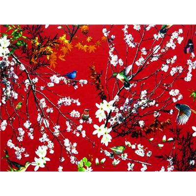 Tissu Jersey VENISE Rouge Oiseaux Japonisant