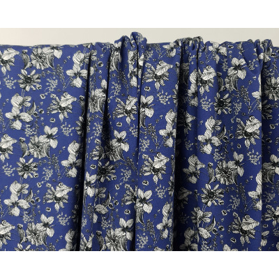 Tissu Popeline 100 % Coton Fleurs Bleu