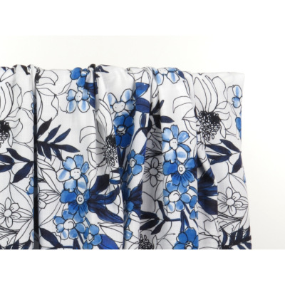 Tissu Toile Lin / Viscose Fleurs Bleu