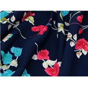 Tissu Voile de Viscose Marine Fleurs