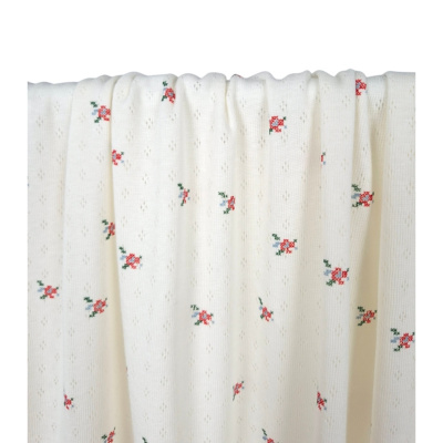 Tissu Maille Cote 1x1 Pointelle Ecru Fleurs Points de Croix