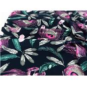 Tissu Voile de Viscose Plumes de Paon Marine