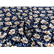 Tissu Voile de Viscose Fleurs Marine