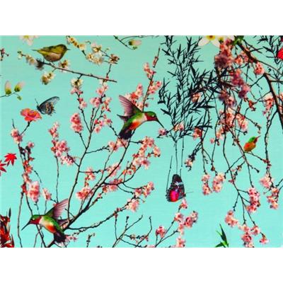 Tissu Jersey VENISE Vert d'Eau Imprimé Oiseaux