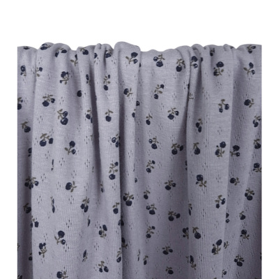 Tissu Maille Cote 1x1 Pointelle Gris Fleurs Marine