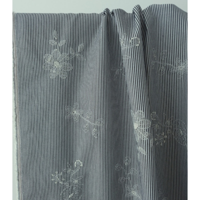 Tissu Toile Mélange Coton Rayé & Brodé Noir / Ecru