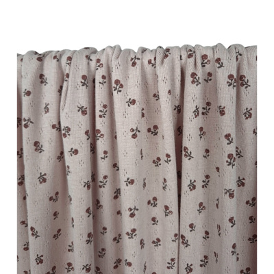 Tissu Maille Cote 1x1 Pointelle Beige Fleurs Choco