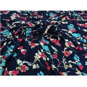 Tissu Voile de Viscose Marine Fleurs