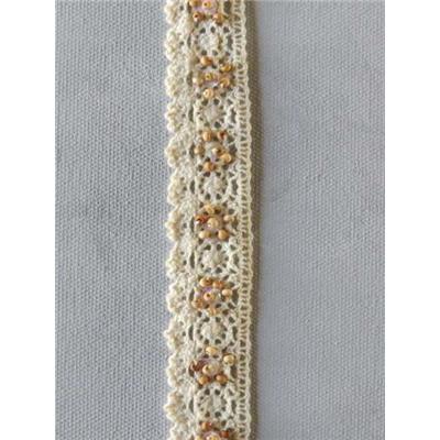 Ruban Macramé Ecru avec Perles en Bois et Paillettes Transparentes