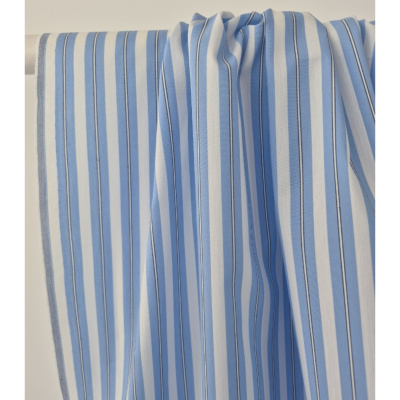 Tissu Popeline Mélange Coton Blanc Rayé Bleu & Noir