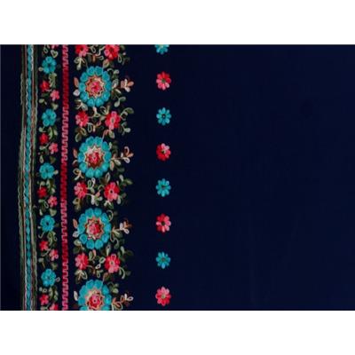Tissu Voile de Viscose Bleu Marine Broderie Fleur Placé sur la Laize