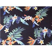 Tissu Jersey Polyester Imprimé Feuillages et Fleurs Tropicales