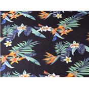 Tissu Jersey Polyester Imprimé Feuillages et Fleurs Tropicales