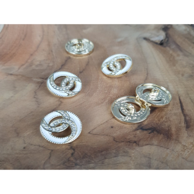Bouton Rond Entrelacé Blanc, Doré & Strass 20 mm