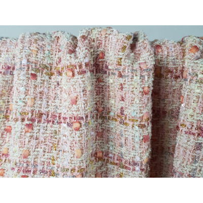 Tissu Tweed Rose Pale / Ecru Lurex Argent, Doré & Rose