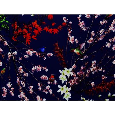 Tissu Jersey VENISE Bleu Nuit Oiseaux Japonisant