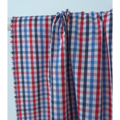 Tissu Popeline Mélange Coton Carreaux Multicolores Bleu & Rouge