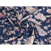 Tissu Voile Coton / Viscose Fleurs Ethniques Marine