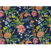 Tissu Satin de Coton RIO Fleurs & Oiseaux Marine