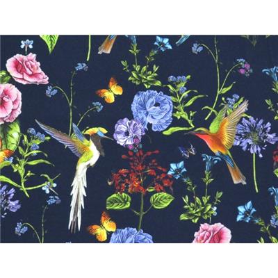 Tissu Jersey Coton / Elasthanne Imprimé Fleurs & Oiseaux