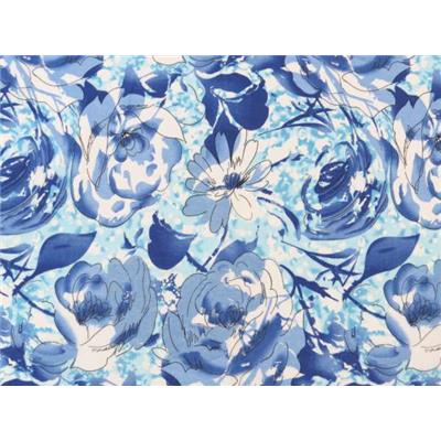 Tissu Poly-Coton Imprimé Fleurs Aquarelles Bleu