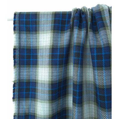Tissu Sergé 100 % Coton Bio TARTAN Bleu / Kaki
