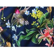 Tissu Satin de Coton RIO Fleurs & Oiseaux Marine