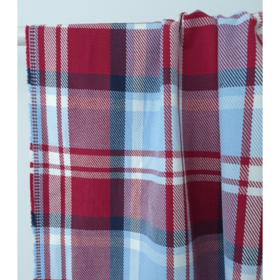 Tissu Sergé 100 % Coton Bio TARTAN Bleu Ciel / Rouge