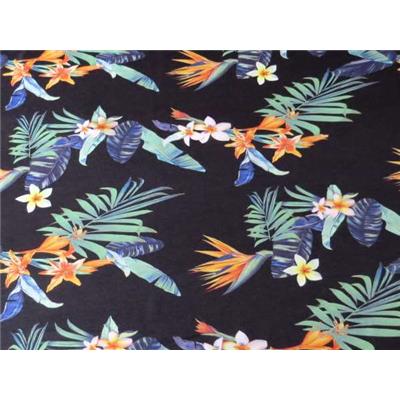 Tissu Jersey Polyester Imprimé Feuillages et Fleurs Tropicales