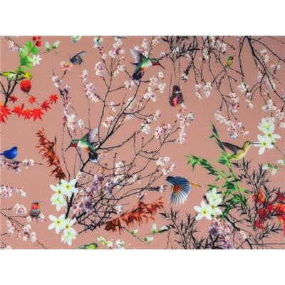 Tissu Soft Shell Oiseaux Japonisant Vieux Rose