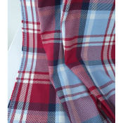 Tissu Sergé 100 % Coton Bio TARTAN Bleu Ciel / Rouge